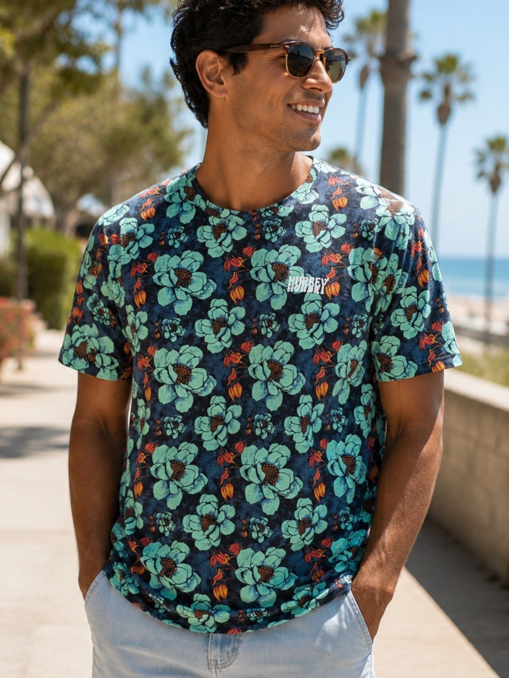 Hurley Floral Print Tee M Blue Orange Hibiscus Tropical Skater Surf Cotton